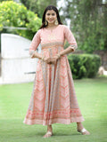 Juniper Peach Georgette Festive Printed Flared Maxi For Women | Grocsy