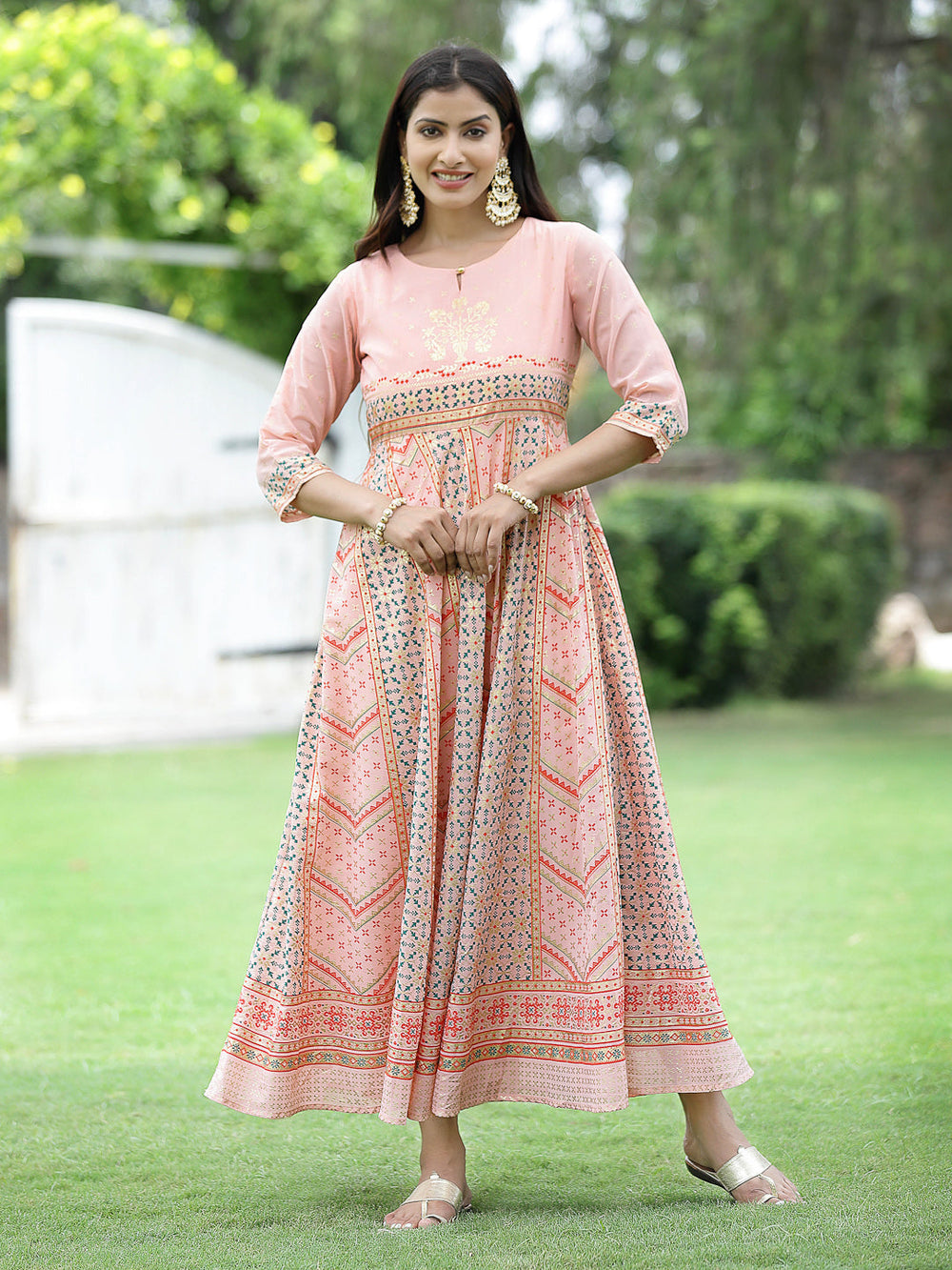 Juniper Peach Georgette Festive Printed Flared Maxi For Women | Grocsy