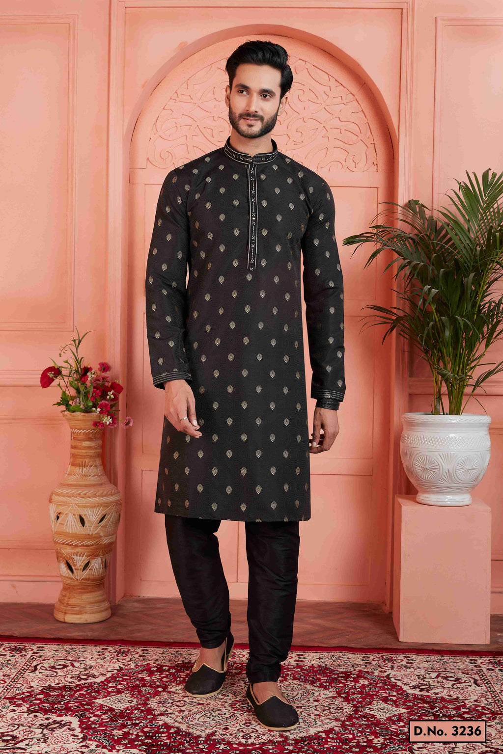 Raivat Ethnic Men's Jacquard Silk Brocade Pintux Work Kurta Pyjama In Black Colour | Grocsy
