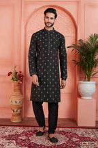 Raivat Ethnic Men's Jacquard Silk Brocade Pintux Work Kurta Pyjama In Black Colour | Grocsy