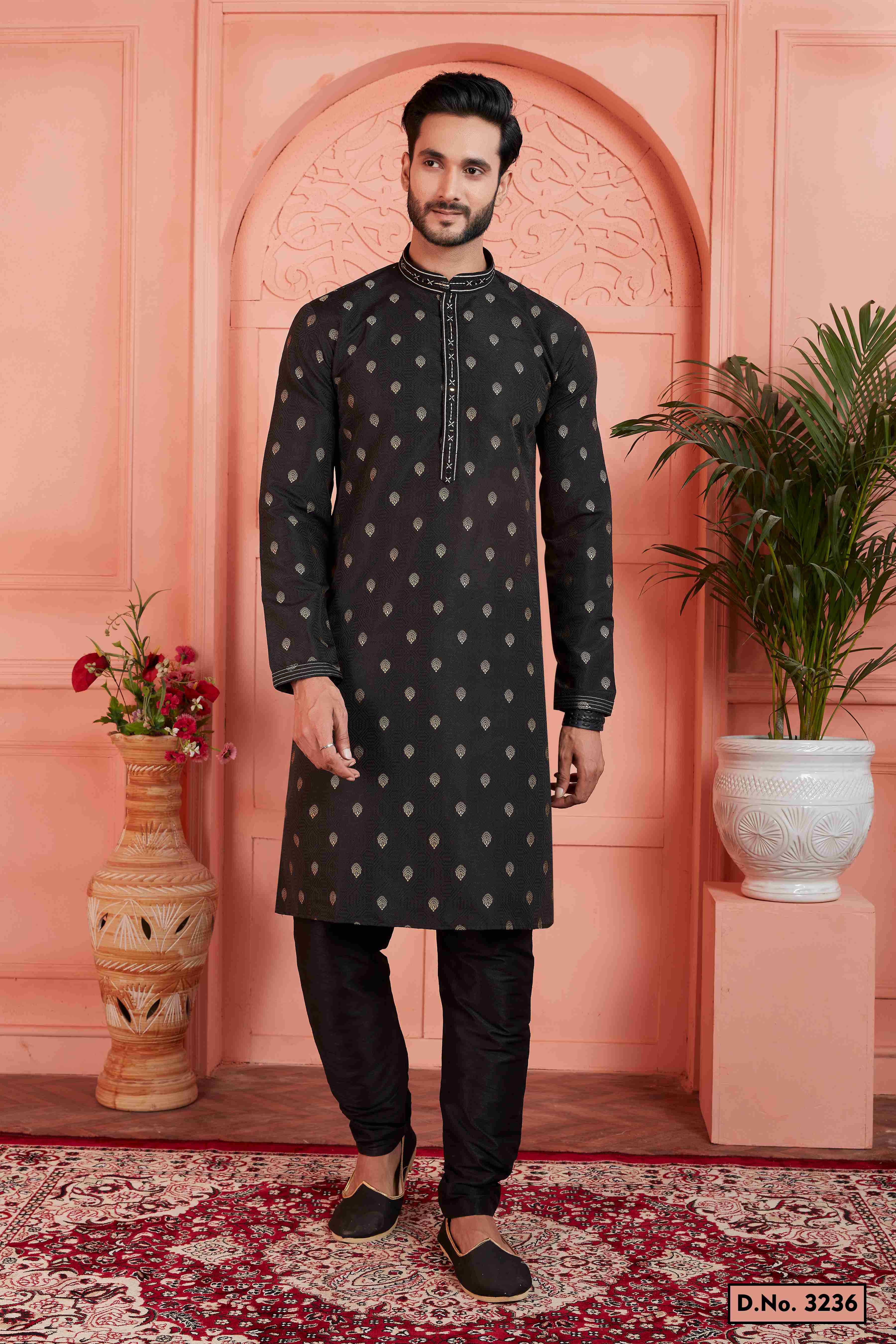 Raivat Ethnic Men's Jacquard Silk Brocade Pintux Work Kurta Pyjama In Black Colour | Grocsy