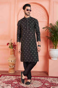 Raivat Ethnic Men's Jacquard Silk Brocade Pintux Work Kurta Pyjama In Black Colour | Grocsy