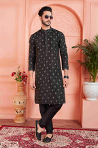 Raivat Ethnic Men's Jacquard Silk Brocade Pintux Work Kurta Pyjama In Black Colour | Grocsy