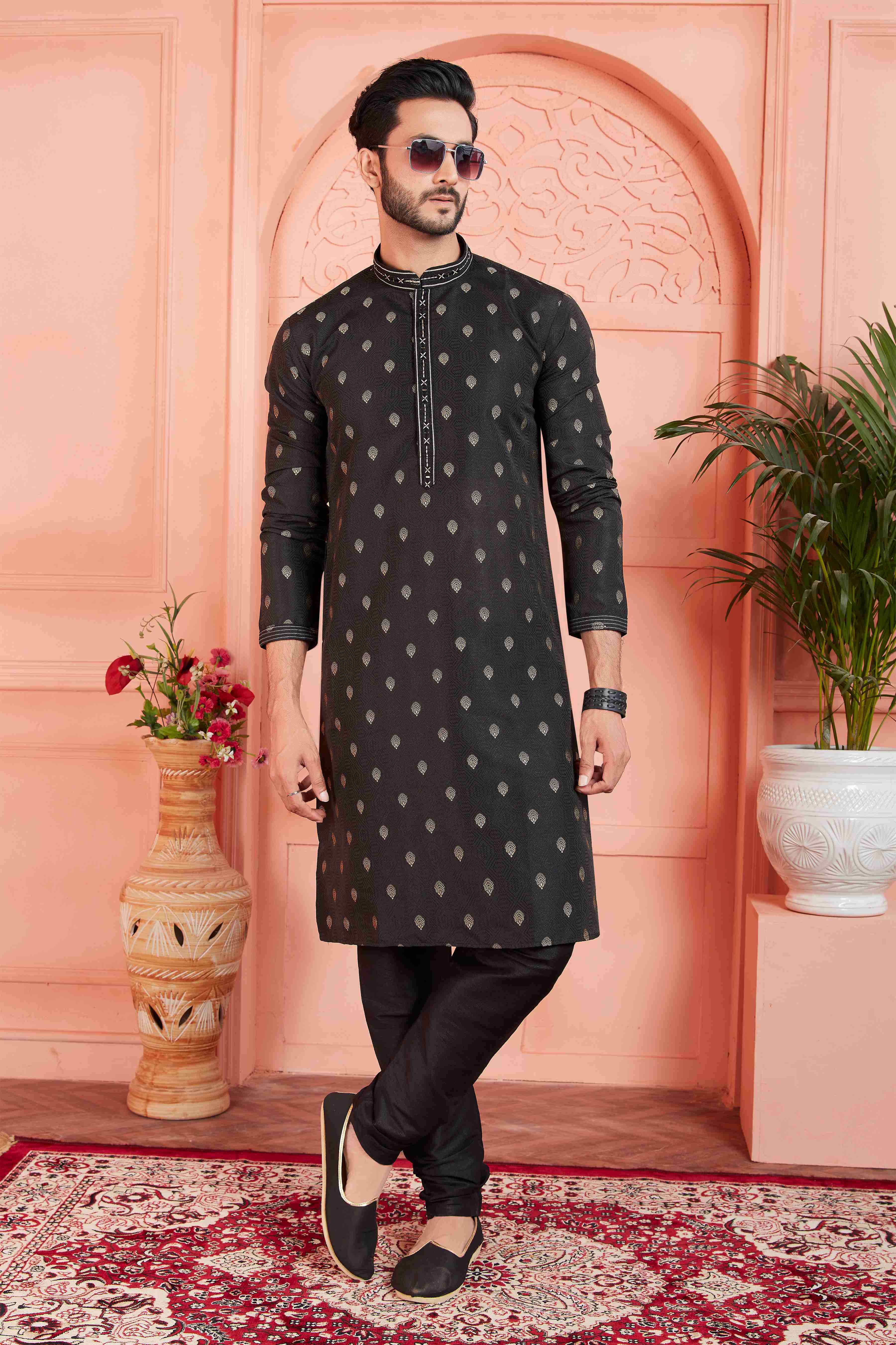 Raivat Ethnic Men's Jacquard Silk Brocade Pintux Work Kurta Pyjama In Black Colour | Grocsy