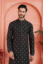 Raivat Ethnic Men's Jacquard Silk Brocade Pintux Work Kurta Pyjama In Black Colour | Grocsy