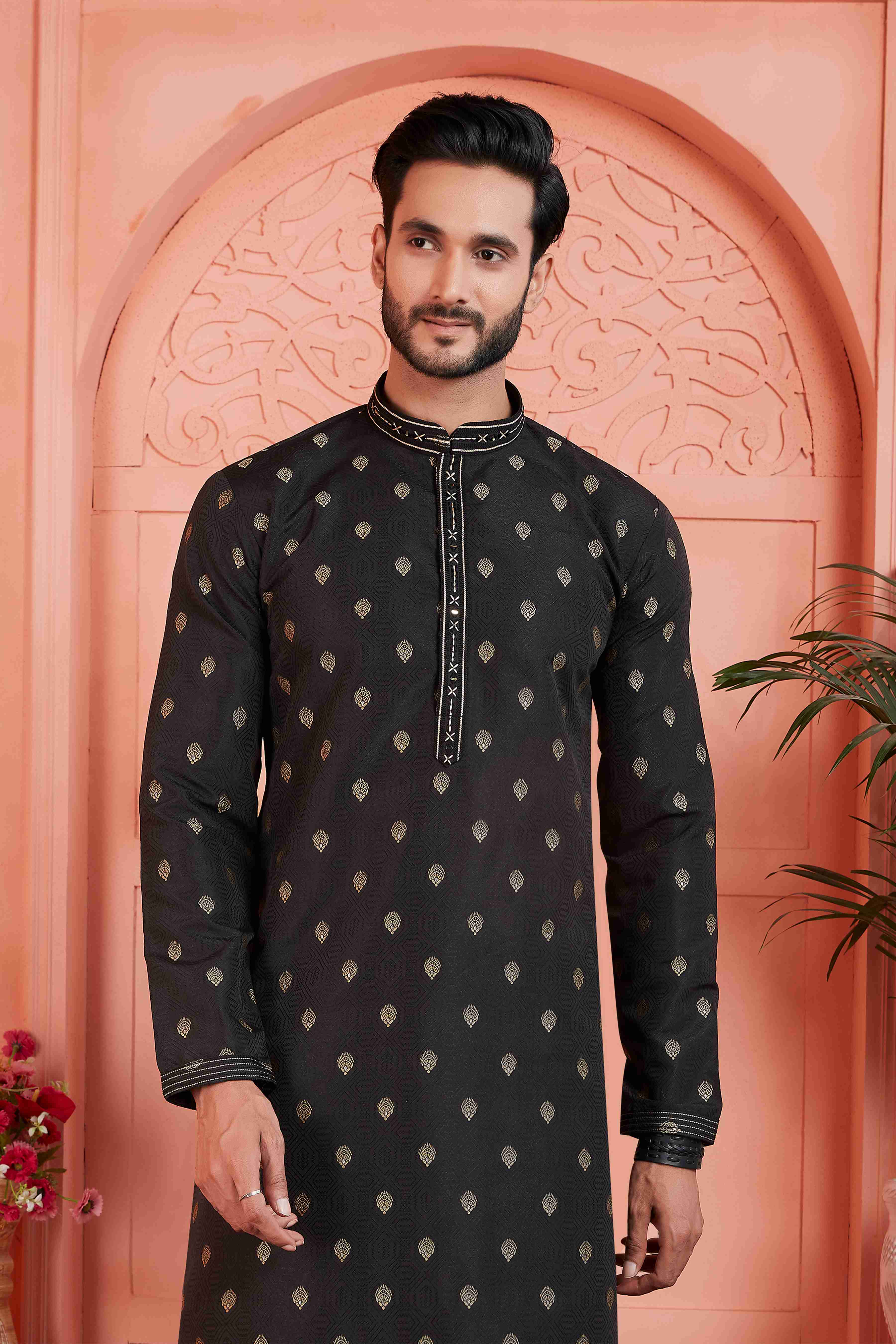Raivat Ethnic Men's Jacquard Silk Brocade Pintux Work Kurta Pyjama In Black Colour | Grocsy
