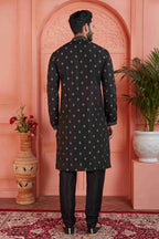 Raivat Ethnic Men's Jacquard Silk Brocade Pintux Work Kurta Pyjama In Black Colour | Grocsy