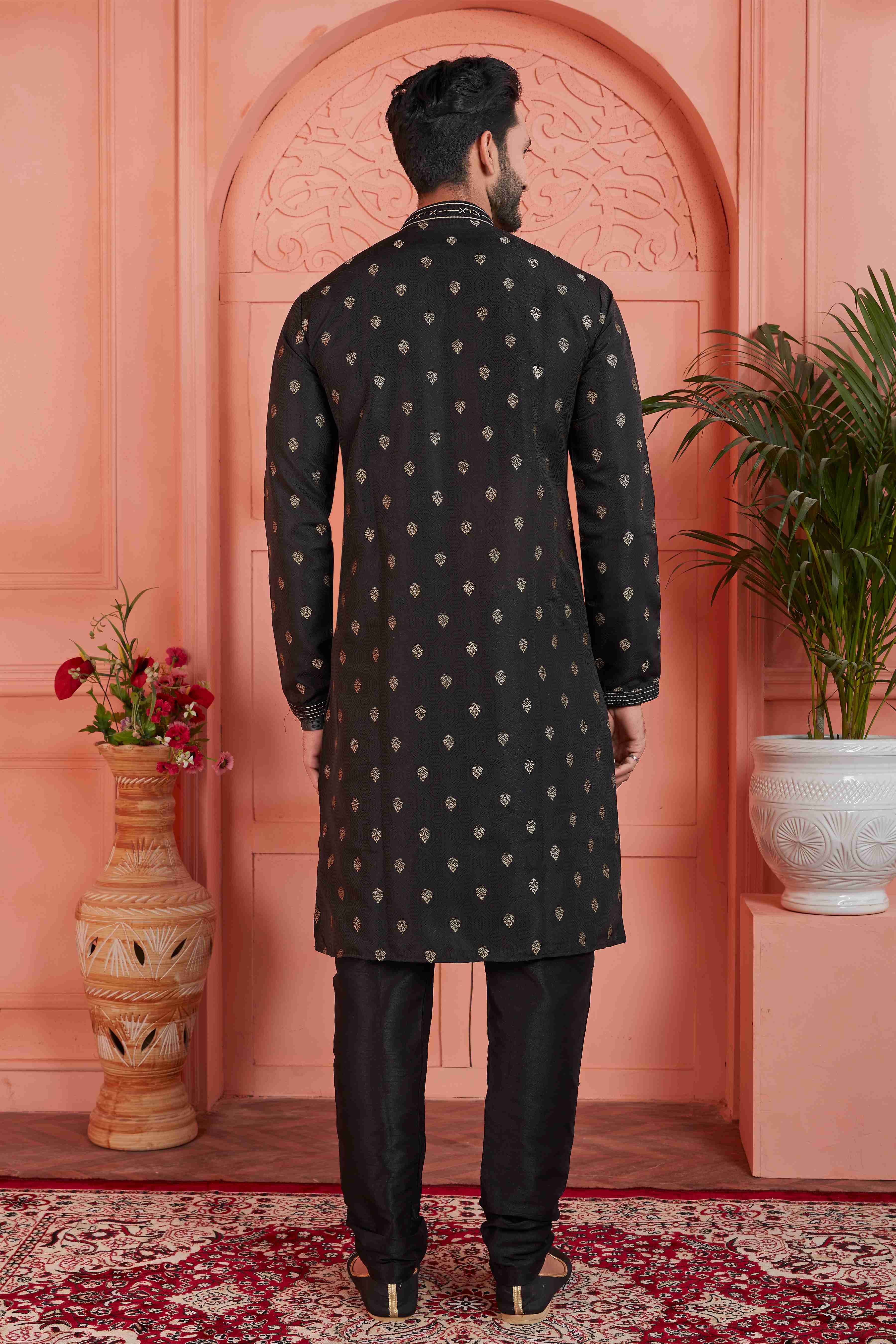 Raivat Ethnic Men's Jacquard Silk Brocade Pintux Work Kurta Pyjama In Black Colour | Grocsy
