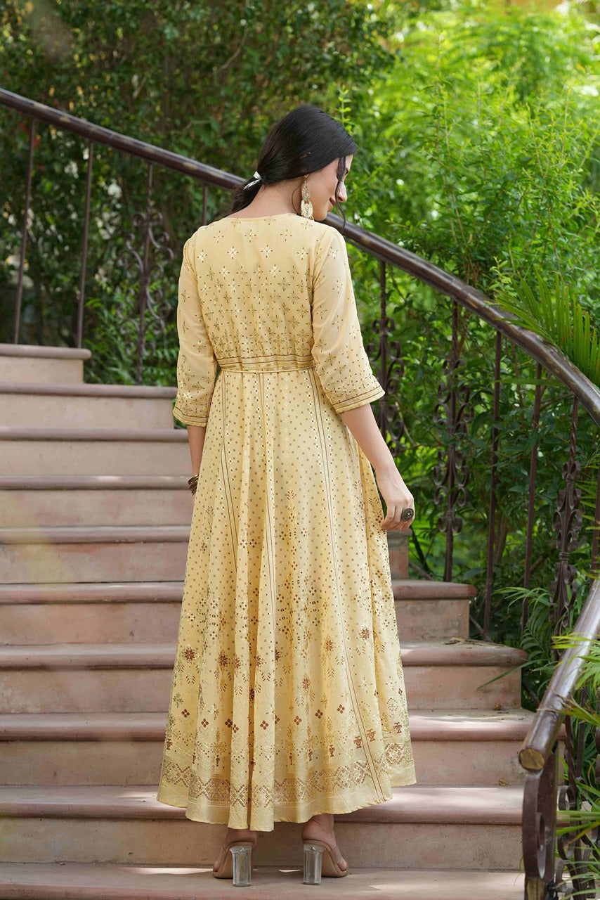 Juniper Light Yellow Georgette Festive Printed Flared Maxi For Women | Grocsy