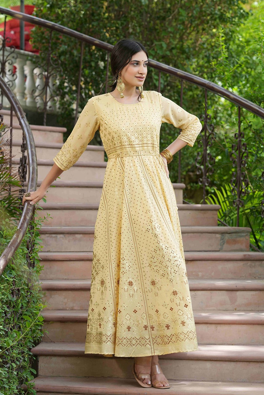Juniper Light Yellow Georgette Festive Printed Flared Maxi For Women | Grocsy