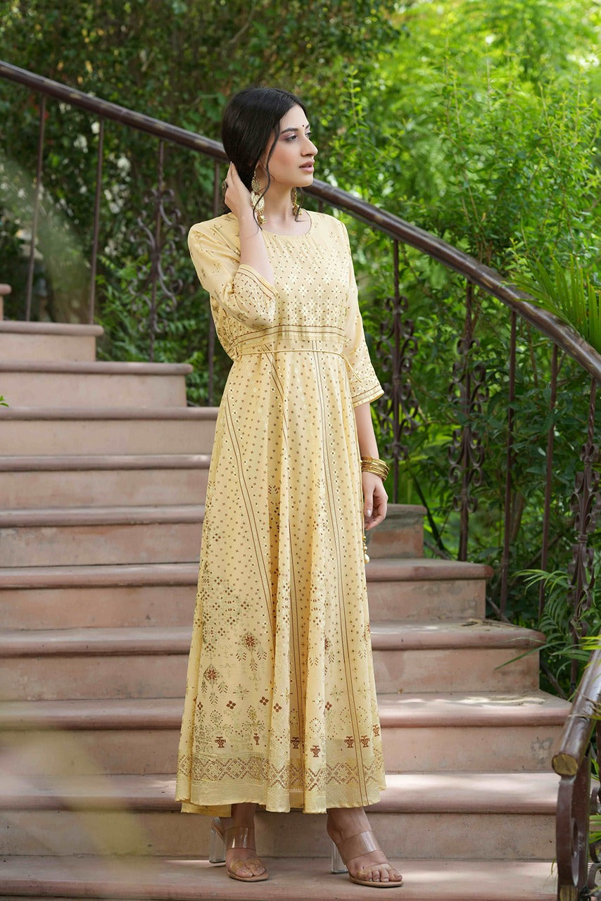 Juniper Light Yellow Georgette Festive Printed Flared Maxi For Women | Grocsy