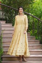 Juniper Light Yellow Georgette Festive Printed Flared Maxi For Women | Grocsy