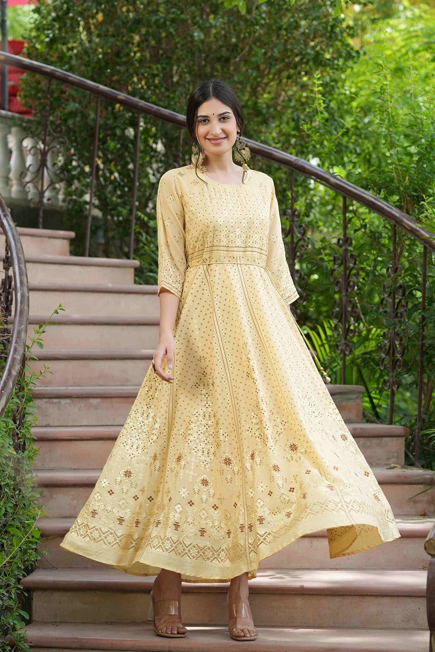 Juniper Light Yellow Georgette Festive Printed Flared Maxi For Women | Grocsy