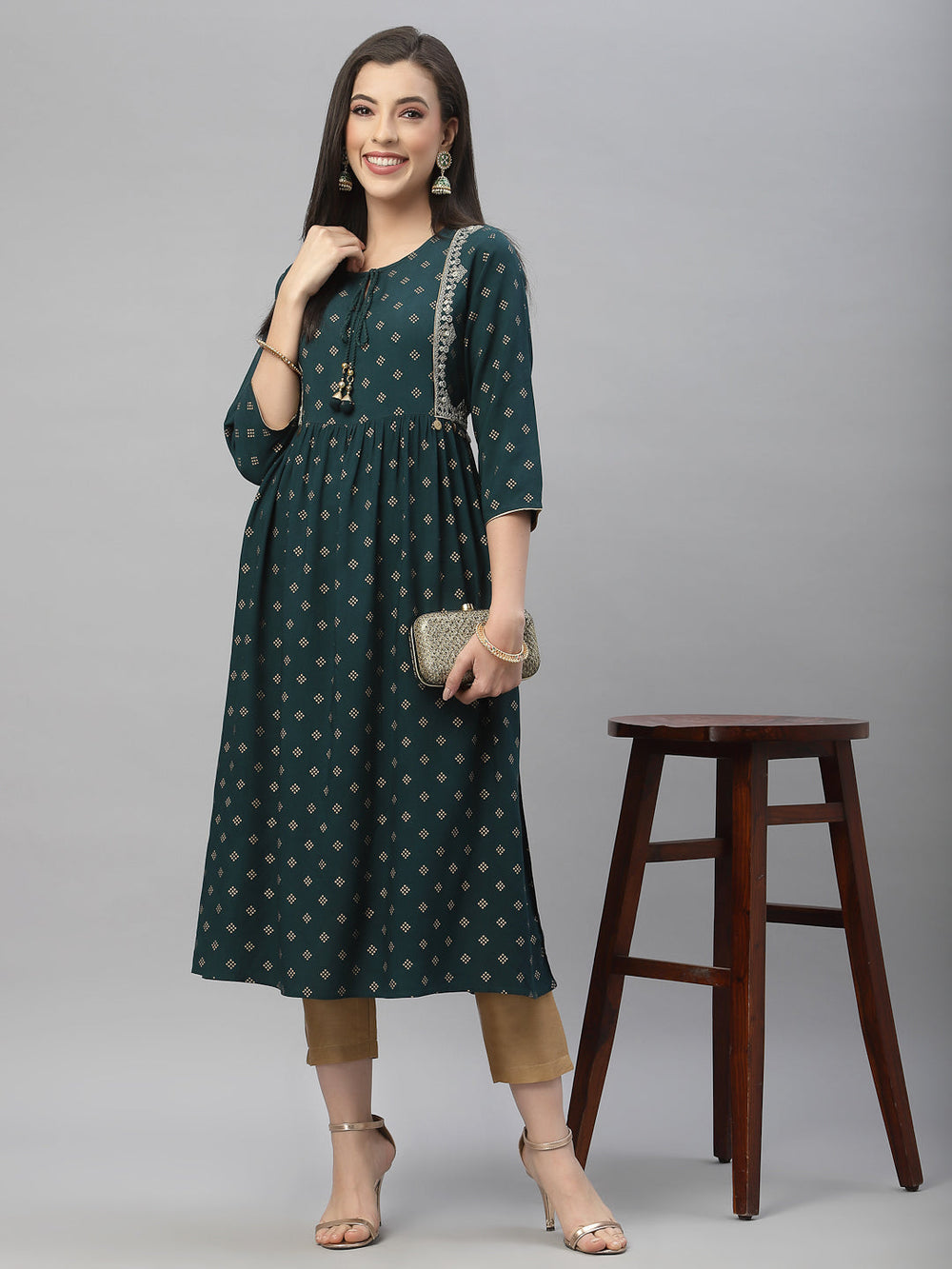 Juniper Green Rayon Festive Wear Embroidered Flared Kurta | Grocsy