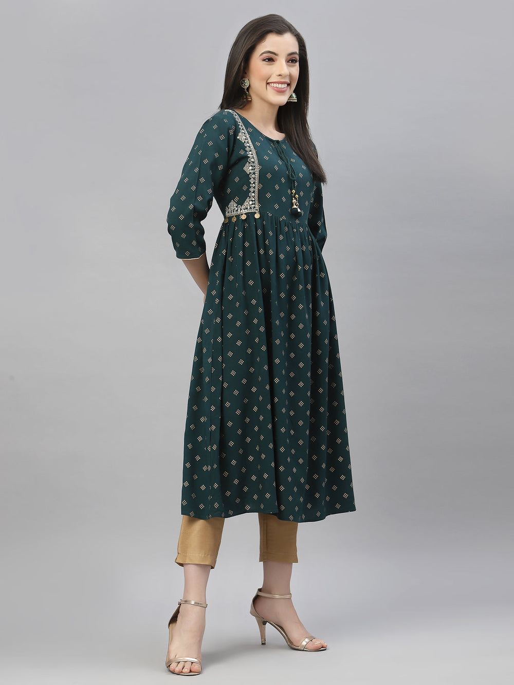 Juniper Green Rayon Festive Wear Embroidered Flared Kurta | Grocsy