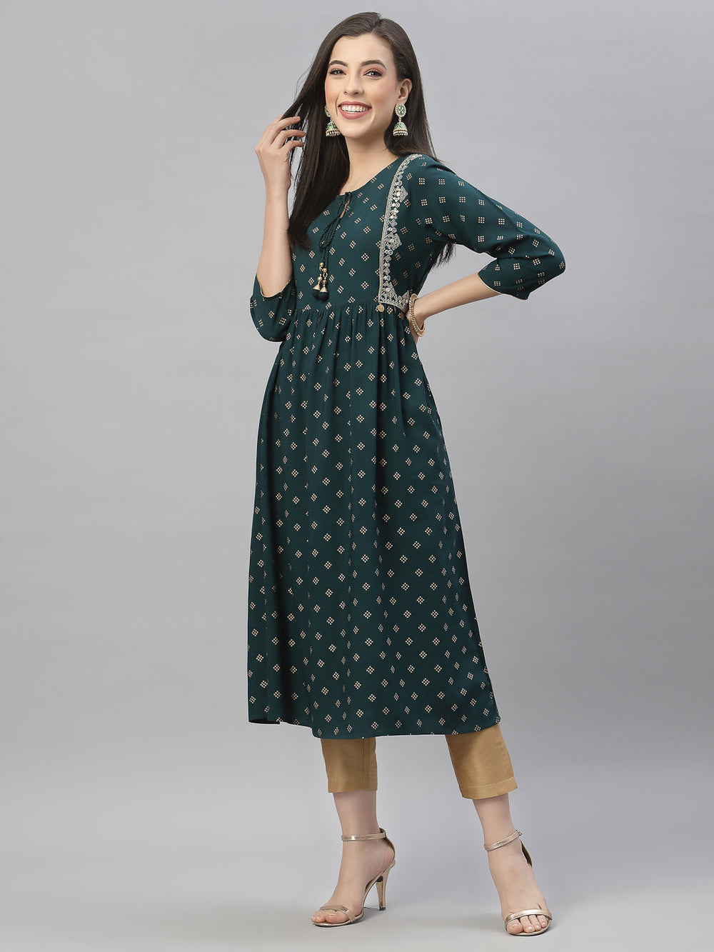 Juniper Green Rayon Festive Wear Embroidered Flared Kurta | Grocsy