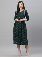 Juniper Green Rayon Festive Wear Embroidered Flared Kurta | Grocsy