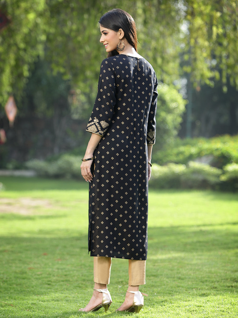 Juniper Black Rayon Festive Wear Embroidered Flared Kurta | Grocsy
