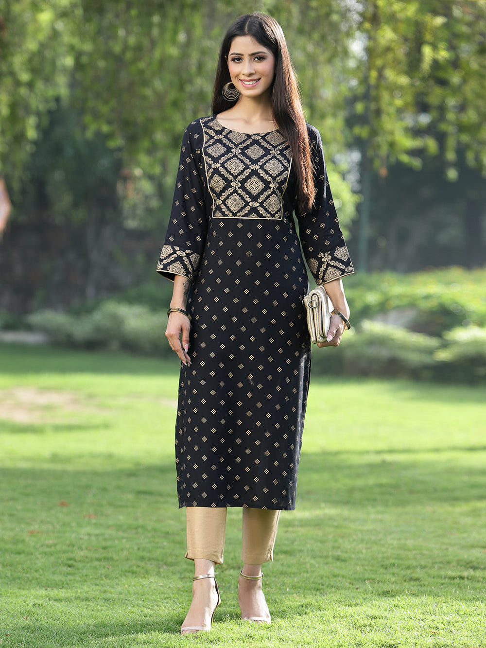 Juniper Black Rayon Festive Wear Embroidered Flared Kurta | Grocsy