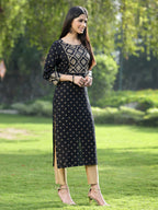 Juniper Black Rayon Festive Wear Embroidered Flared Kurta | Grocsy