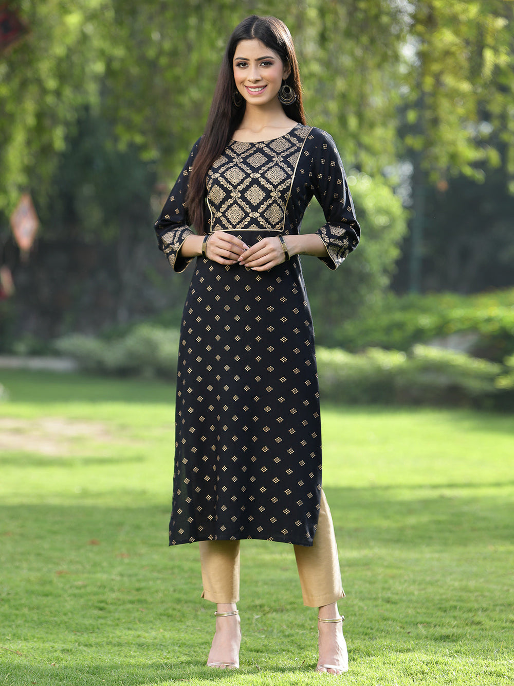 Juniper Black Rayon Festive Wear Embroidered Flared Kurta | Grocsy