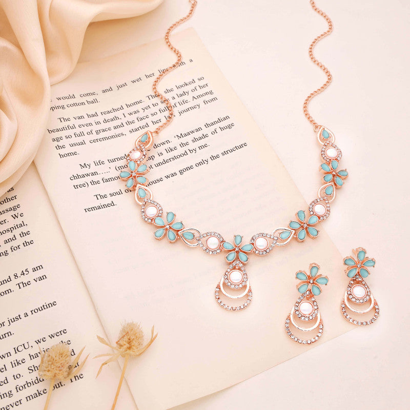 Tehzeeb Creations Rose Gold-Polished Sky Blue Colour Necklace With Stud | Grocsy