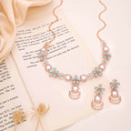 Tehzeeb Creations Rose Gold-Polished Sky Blue Colour Necklace With Stud | Grocsy