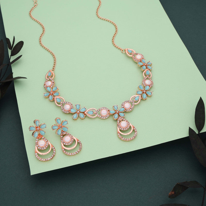 Tehzeeb Creations Rose Gold-Polished Sky Blue Colour Necklace With Stud | Grocsy
