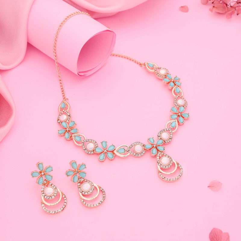 Tehzeeb Creations Rose Gold-Polished Sky Blue Colour Necklace With Stud | Grocsy