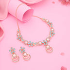 Tehzeeb Creations Rose Gold-Polished Sky Blue Colour Necklace With Stud | Grocsy