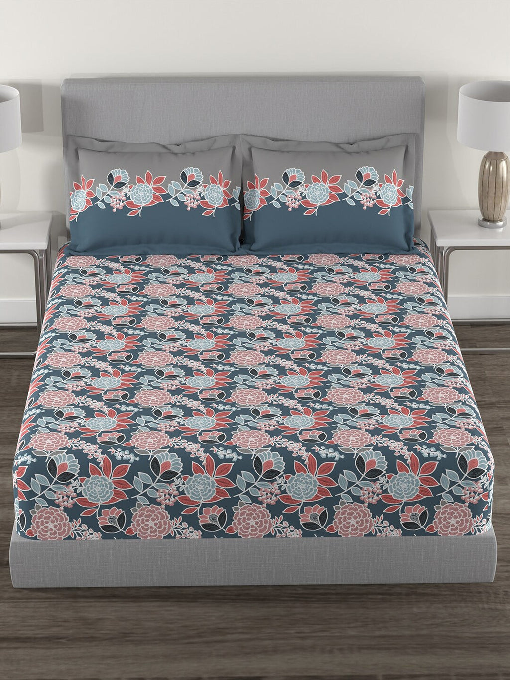MYTRIDENT Blue Green Floral Cotton 144 TC Queen Bedsheet With 2 Pillow Covers | Grocsy