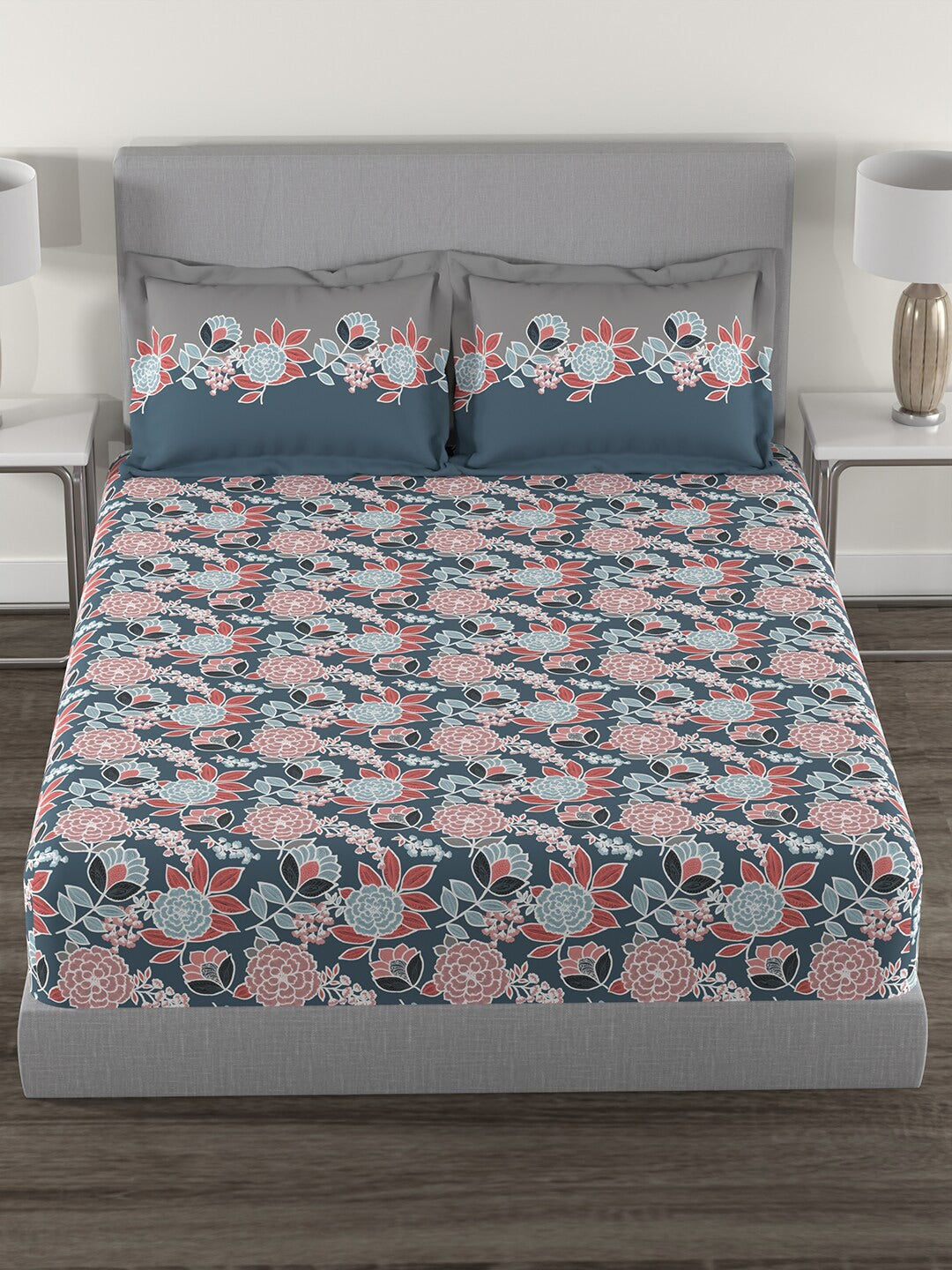 MYTRIDENT Blue Green Floral Cotton 144 TC Queen Bedsheet With 2 Pillow Covers | Grocsy
