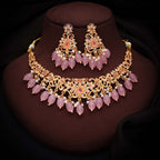 Tehzeeb Creations Gold-Polished Baby Pink Colour Necklace With Stud | Grocsy