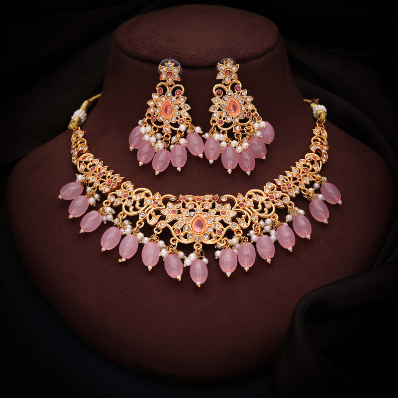 Tehzeeb Creations Gold-Polished Baby Pink Colour Necklace With Stud | Grocsy
