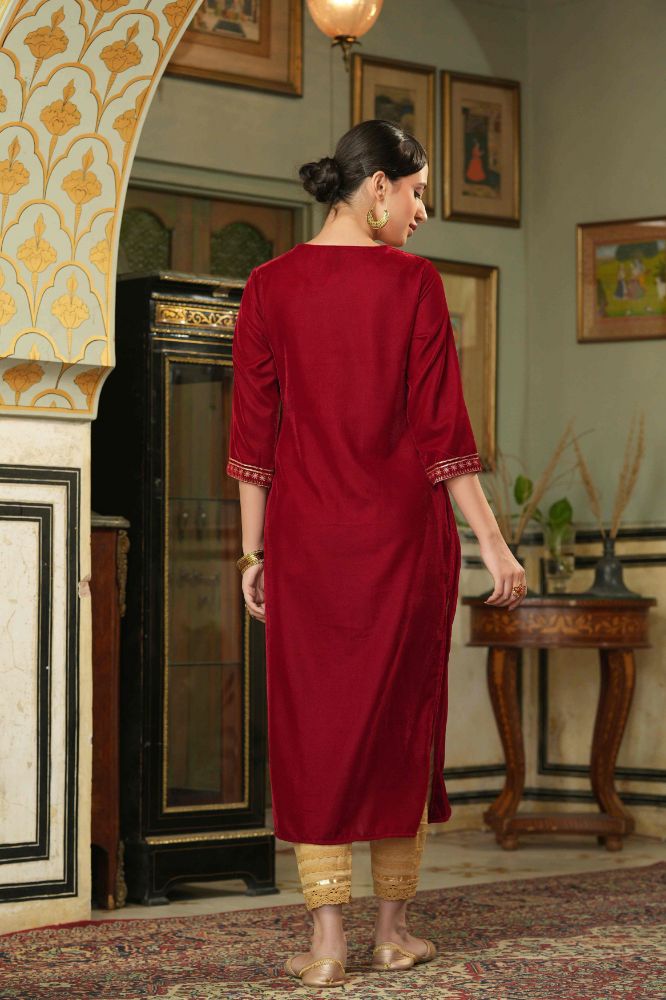Juniper Maroon Velvet Festive Solid Embroidered Straight Kurta For Women | Grocsy