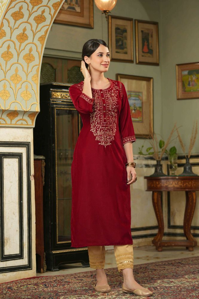 Juniper Maroon Velvet Festive Solid Embroidered Straight Kurta For Women | Grocsy