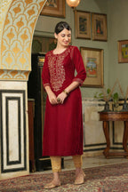 Juniper Maroon Velvet Festive Solid Embroidered Straight Kurta For Women | Grocsy