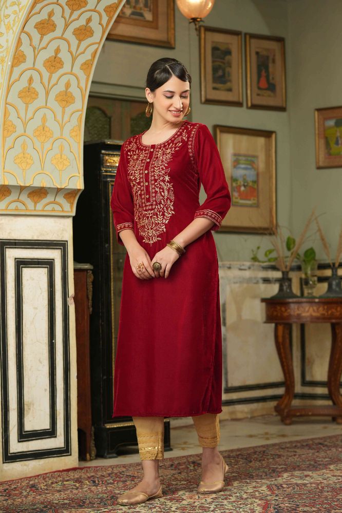 Juniper Maroon Velvet Festive Solid Embroidered Straight Kurta For Women | Grocsy