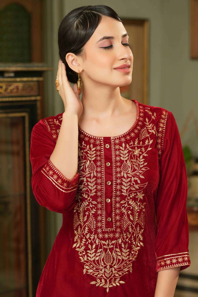 Juniper Maroon Velvet Festive Solid Embroidered Straight Kurta For Women | Grocsy