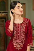 Juniper Maroon Velvet Festive Solid Embroidered Straight Kurta For Women | Grocsy