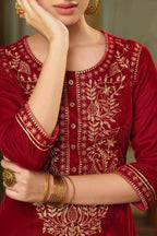 Juniper Maroon Velvet Festive Solid Embroidered Straight Kurta For Women | Grocsy