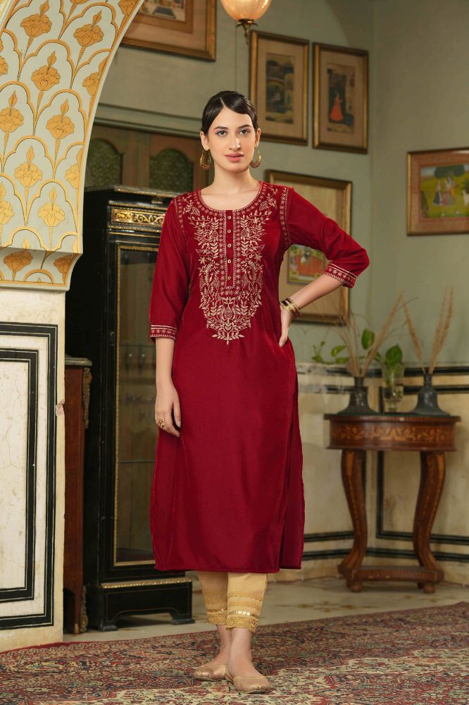Juniper Maroon Velvet Festive Solid Embroidered Straight Kurta For Women | Grocsy