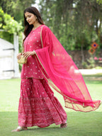Juniper Fuchsia Mono Viscose Festive Embroidered Printed Straight Kurta Sharara Dupatta Set | Grocsy
