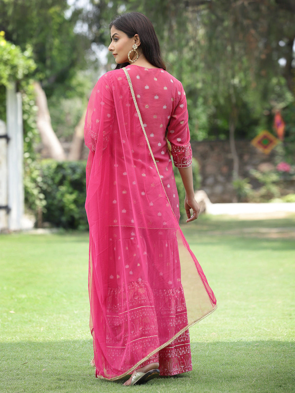 Juniper Fuchsia Mono Viscose Festive Embroidered Printed Straight Kurta Sharara Dupatta Set | Grocsy