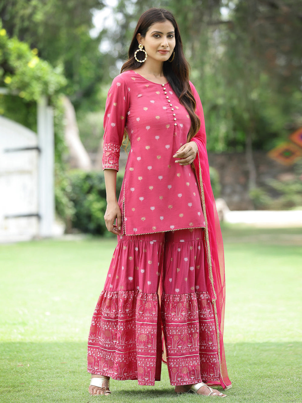 Juniper Fuchsia Mono Viscose Festive Embroidered Printed Straight Kurta Sharara Dupatta Set | Grocsy