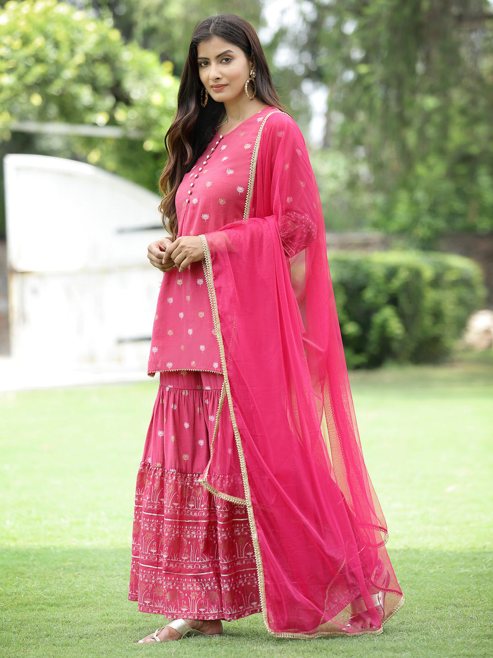 Juniper Fuchsia Mono Viscose Festive Embroidered Printed Straight Kurta Sharara Dupatta Set | Grocsy