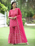 Juniper Fuchsia Mono Viscose Festive Embroidered Printed Straight Kurta Sharara Dupatta Set | Grocsy