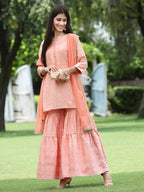 Juniper Peach Mono Viscose Festive Embroidered Printed Straight Kurta Sharara Dupatta Set | Grocsy