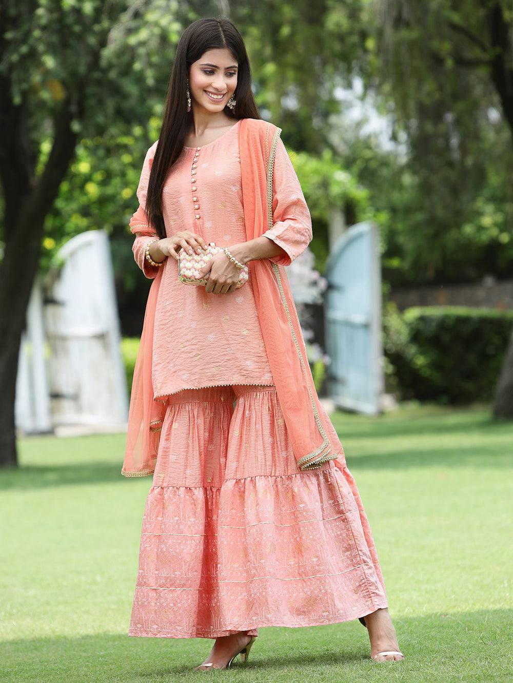 Juniper Peach Mono Viscose Festive Embroidered Printed Straight Kurta Sharara Dupatta Set | Grocsy