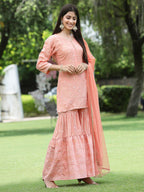 Juniper Peach Mono Viscose Festive Embroidered Printed Straight Kurta Sharara Dupatta Set | Grocsy
